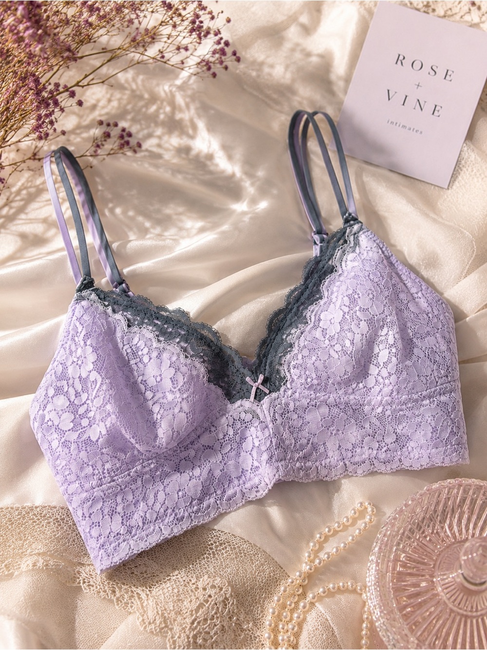 Rose + Vine Lavender Lace Bralette M Soft Cup Bra‎ Coquette Balletcore